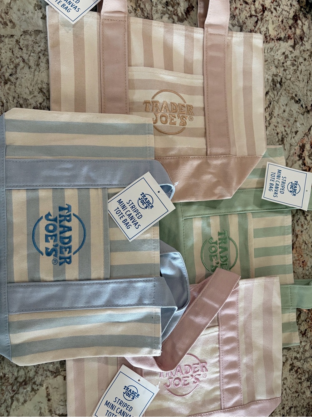 Trader Joe's Striped Mini Canvas Tote Bag — Pastel Pink Blue Green.  Set of 4